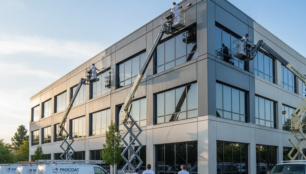 Professional commercial painters coating Austin TX office exterior for durable, high-quality finish