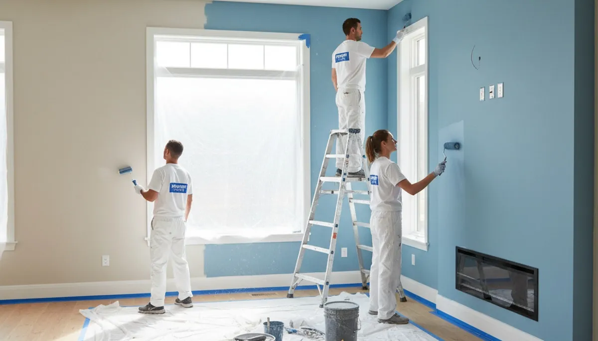 Professional interior house painters finishing living room walls in Austin, TX