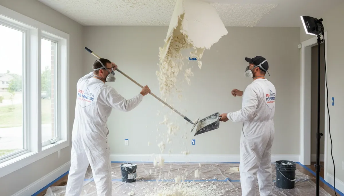 Technician removing popcorn ceiling in Austin, TX home for smooth, modern refinished surface