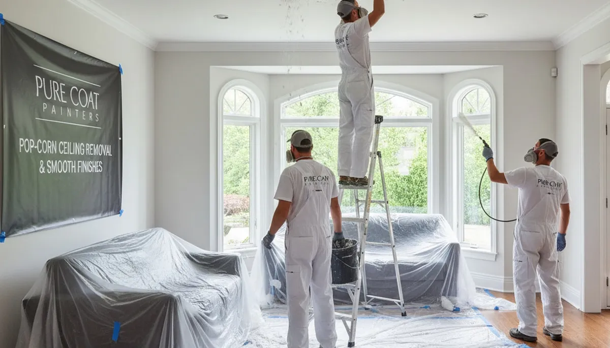 Technician removing popcorn ceiling in Austin TX home during professional ceiling refinishing service