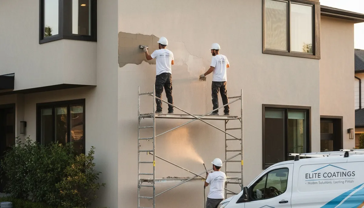 Professional stucco repair and exterior painting on Austin, TX home walls by skilled contractors