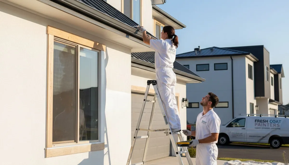 Professional trim and fascia painting on Austin TX home exterior by expert house painters